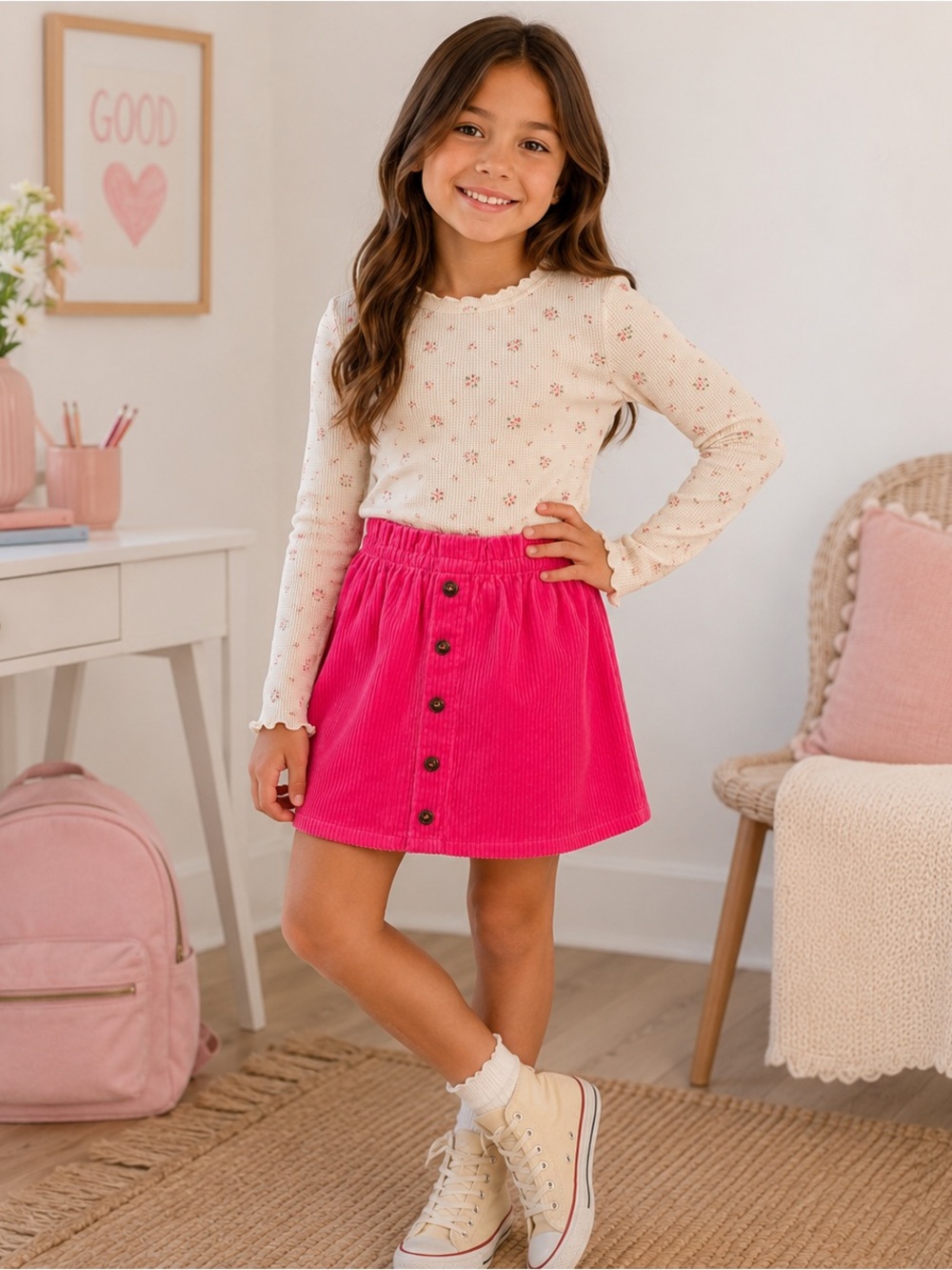 Isaac Mizrahi Girls Pink Corduroy Skirt M 7/8 Button Front Cotton